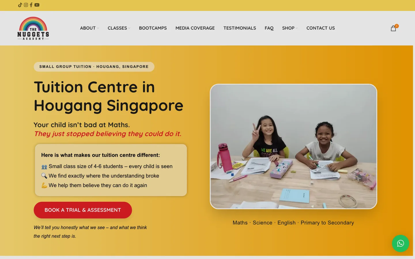 After: the new homepage keeps the heading and adds 'Your child isn't bad at Maths' underneath.
