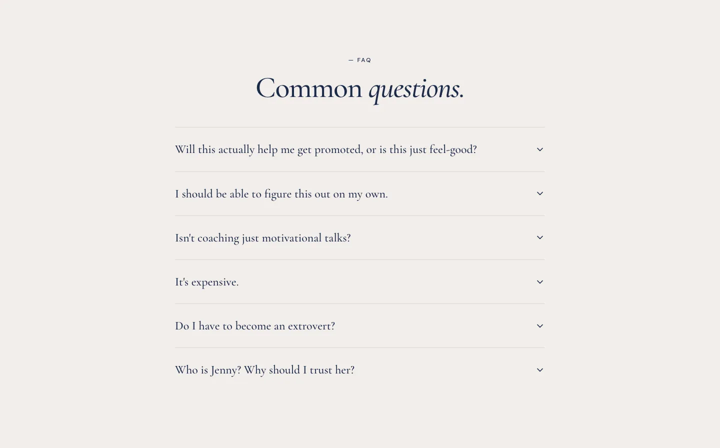 The 'Common questions' section, opening with 'Will this actually help me get promoted?'