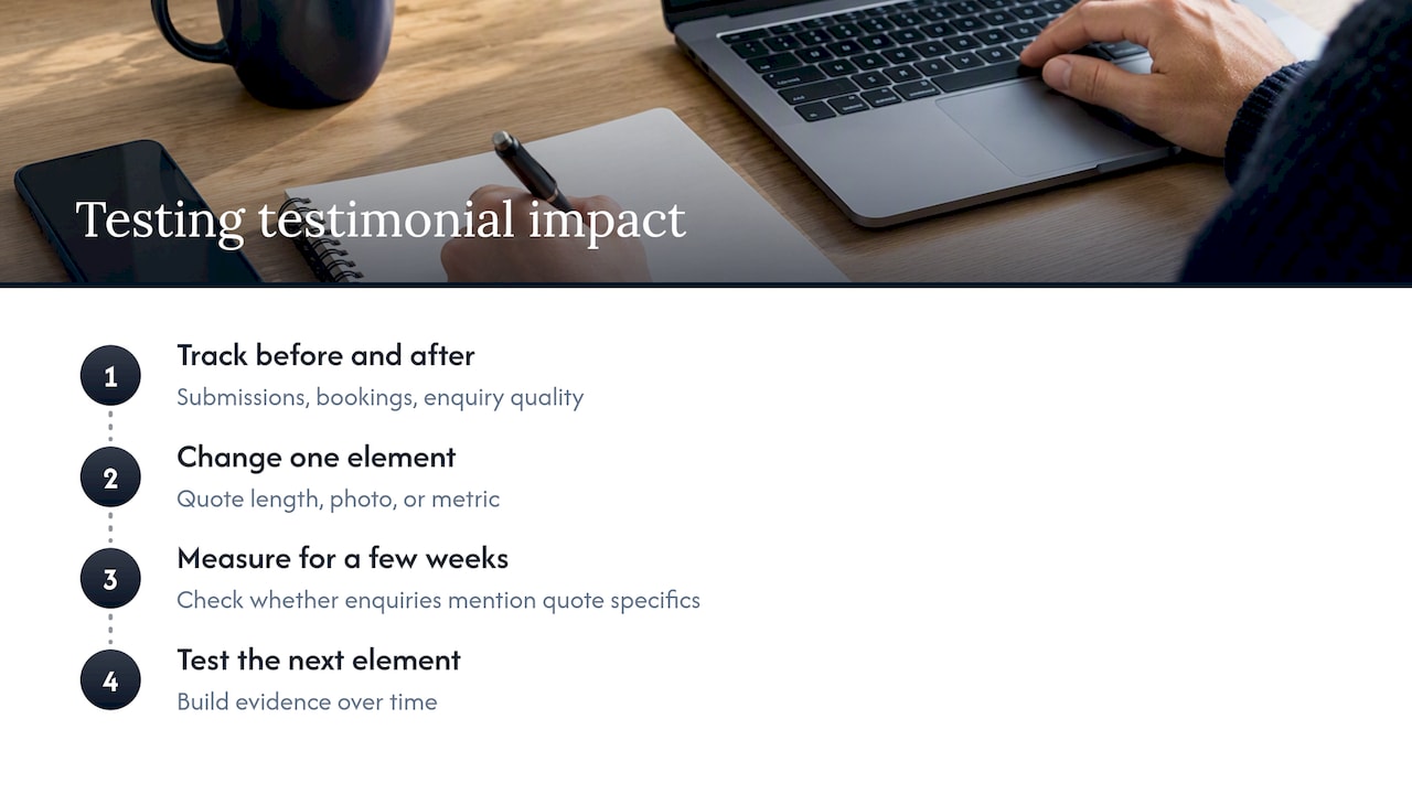 Measuring the impact of testimonials on enquiry rates and homepage performance — overview diagram
