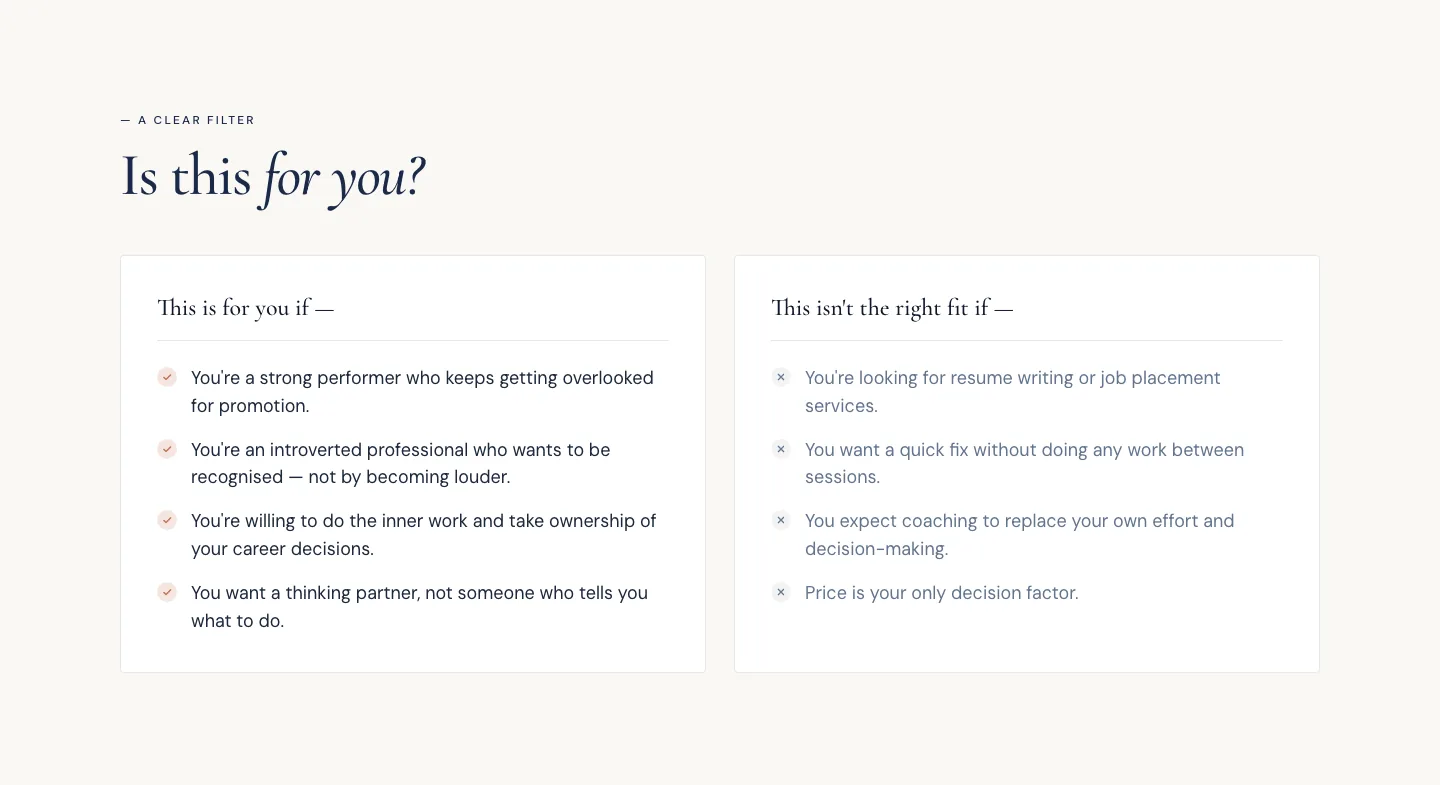 The 'Is this for you?' section, with two lists: who it is for, and who it isn't for.