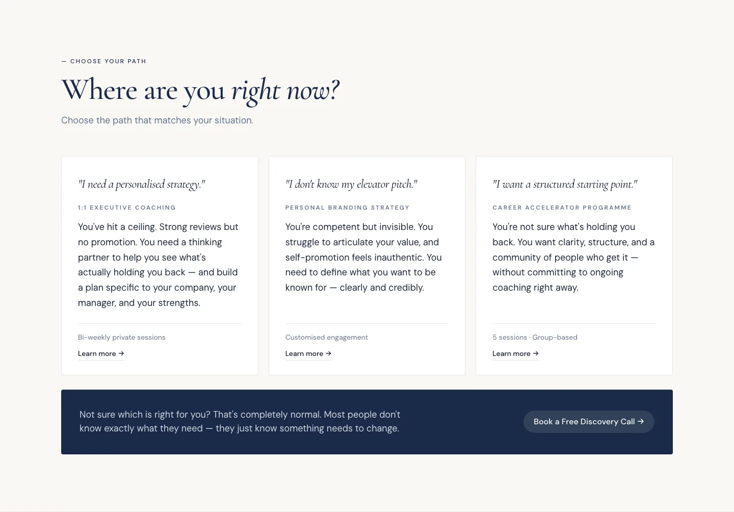 The 'Where are you right now?' section: three coaching options, each opening in the visitor's words.
